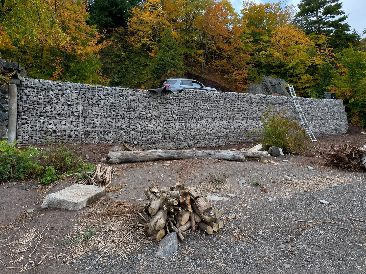 Long mur de gabions terminé en milieu boisé