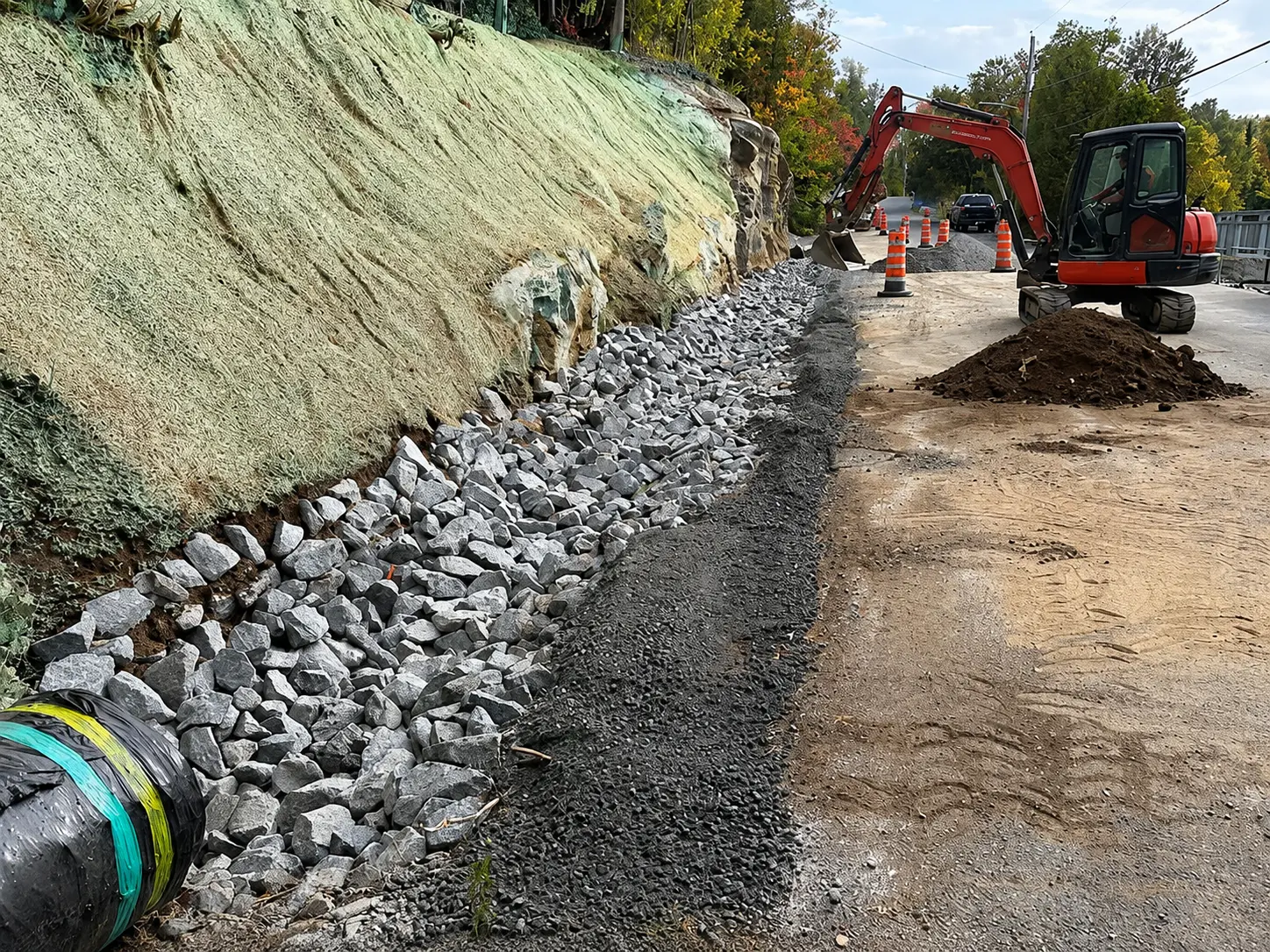 Système de drainage avec enrochement le long d’une route en chantier